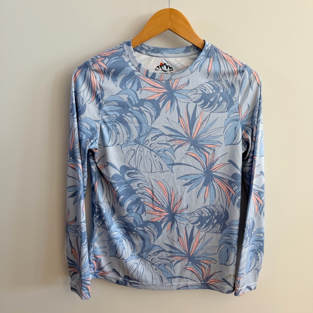 🌺 Women’s Blue and Pink Tropical Long Sleeve Swim Top – Size Small